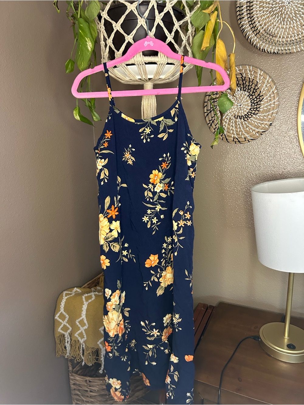 Old Navy Navy Floral Slip Dress with Yellow & Orange Flowers